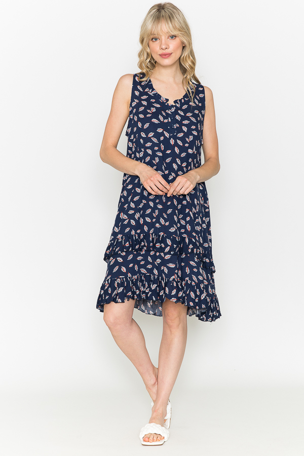 Ruffle Print Tank dress - Navy -white leaves